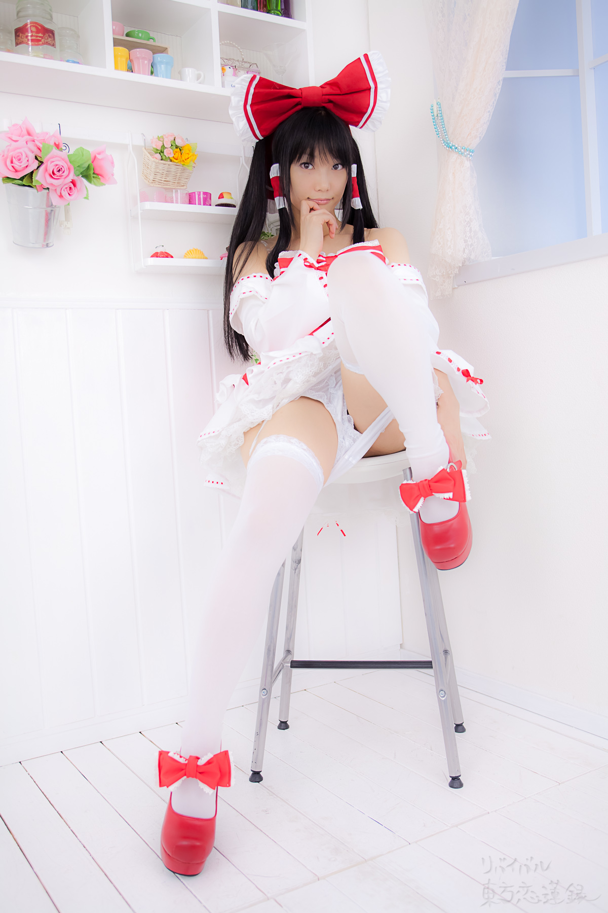 asian black_hair breasts cosplay dress female long_hair panties shoes solo thighhighs