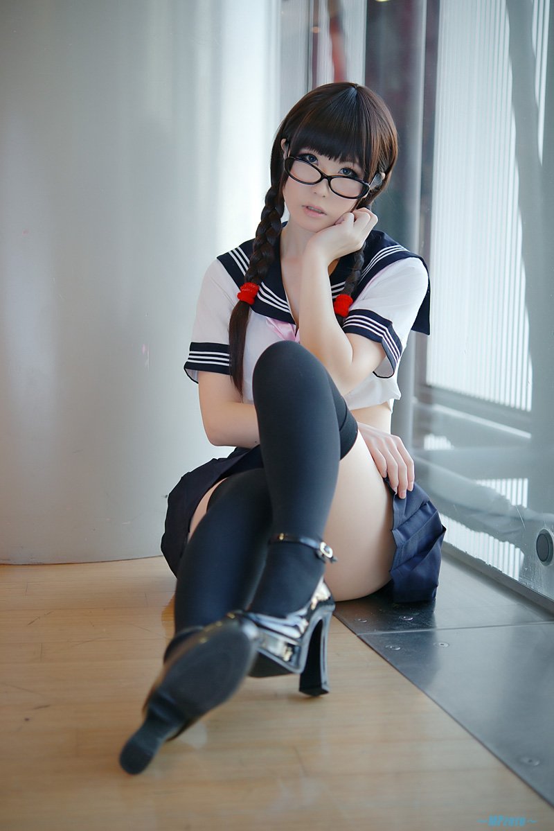 asian black_hair breasts cosplay female glasses haruka long_hair solo