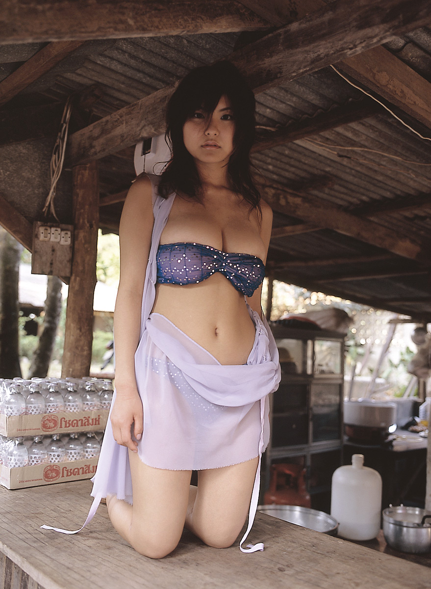asian bandeau bikini brown_hair cleavage japanese japanese_(nationality) kneeling large_breasts milf miri_hanai swimsuit