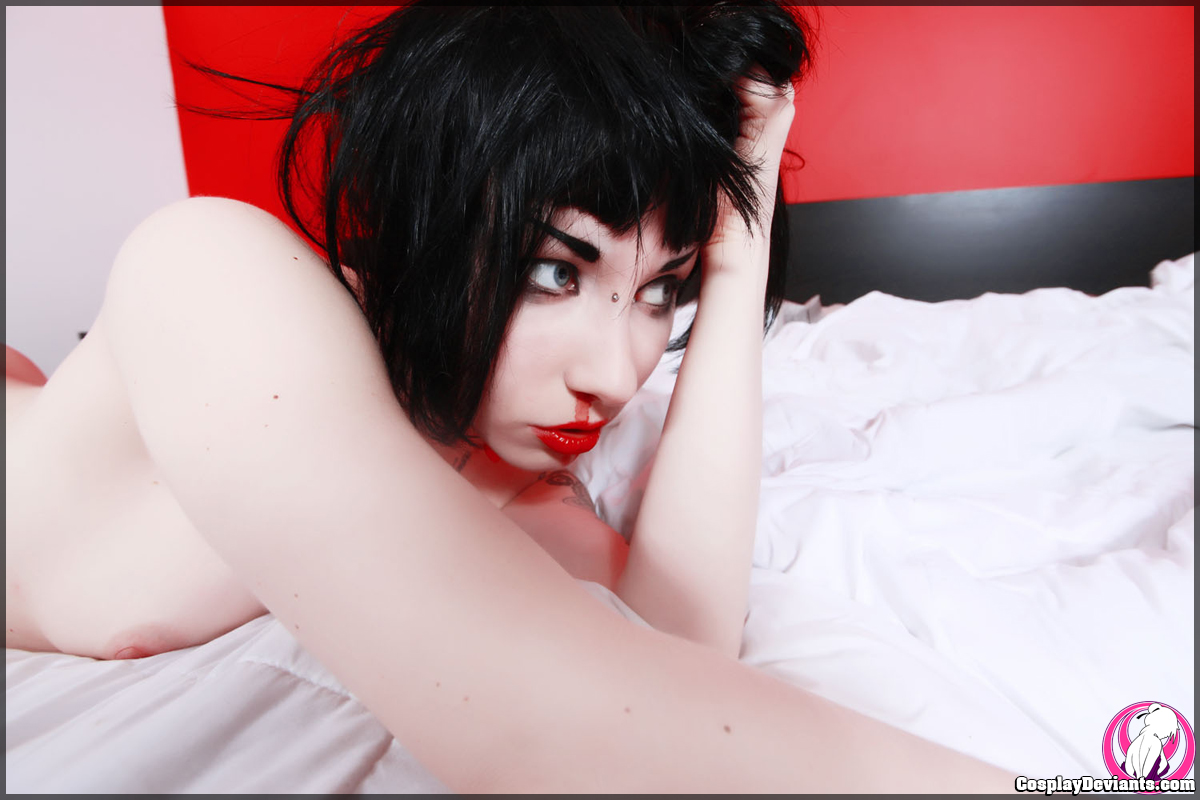bed black_hair breasts cosplay female long_hair porphyria solo tattoo watermark