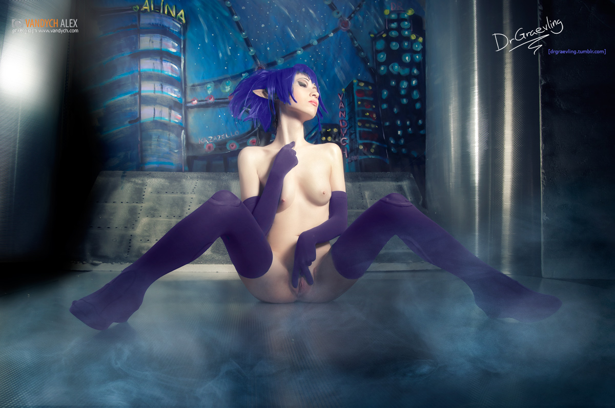 blue_hair breasts erect_nipples female gloves long_hair nipples nude pussy smile solo thighhighs vandych_alex