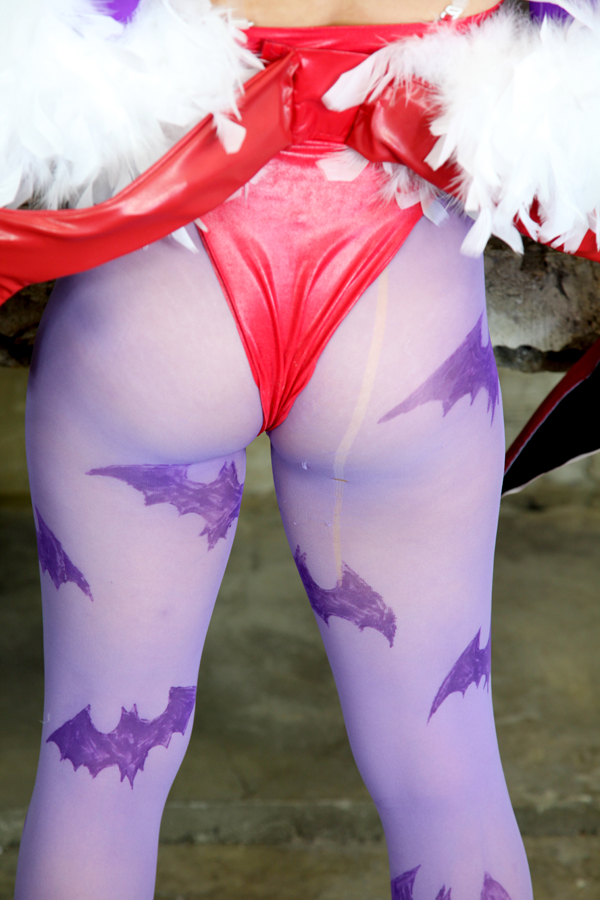 1girl ass cosplay darkstalkers female female_only from_behind leotard lilith_aensland non-nude pantyhose partially_clothed solo succubus suzuka_itsuki thong_leotard watermark wings