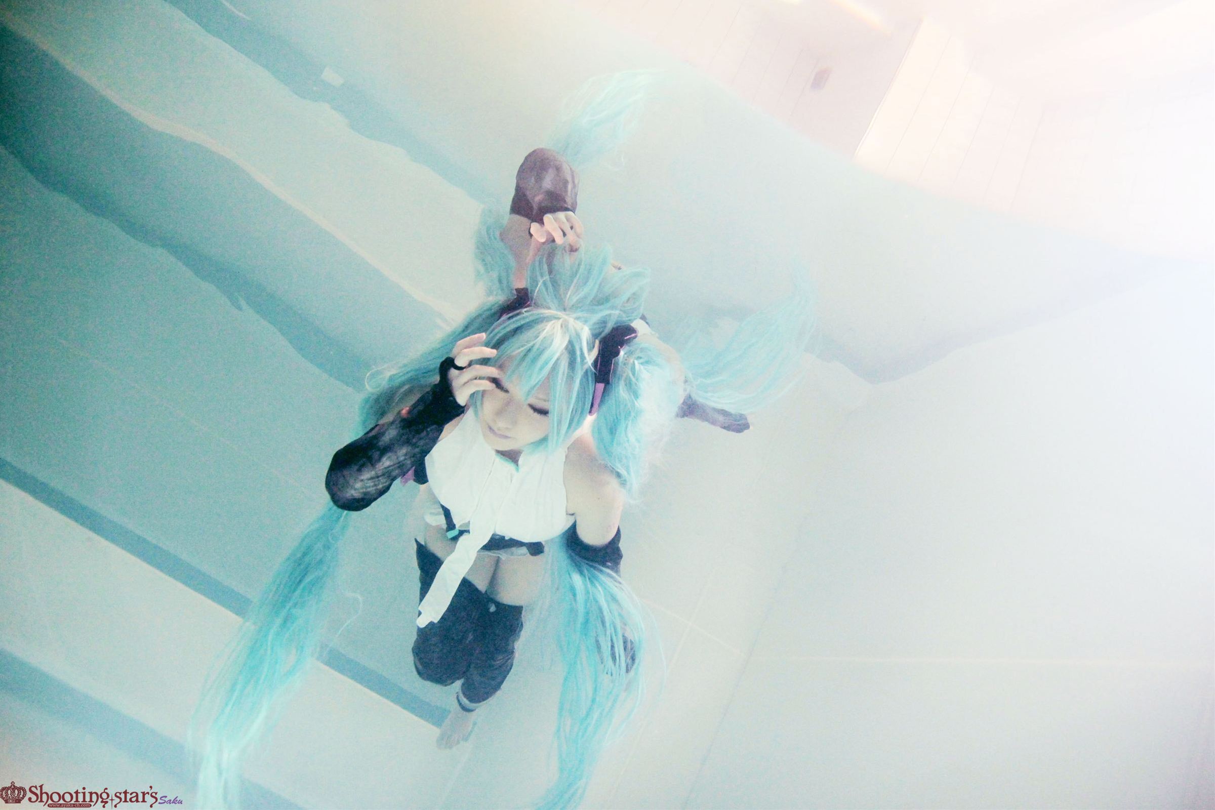 aqua_hair asian breasts cosplay elbow_gloves female gloves long_hair pigtails shooting_star solo watermark