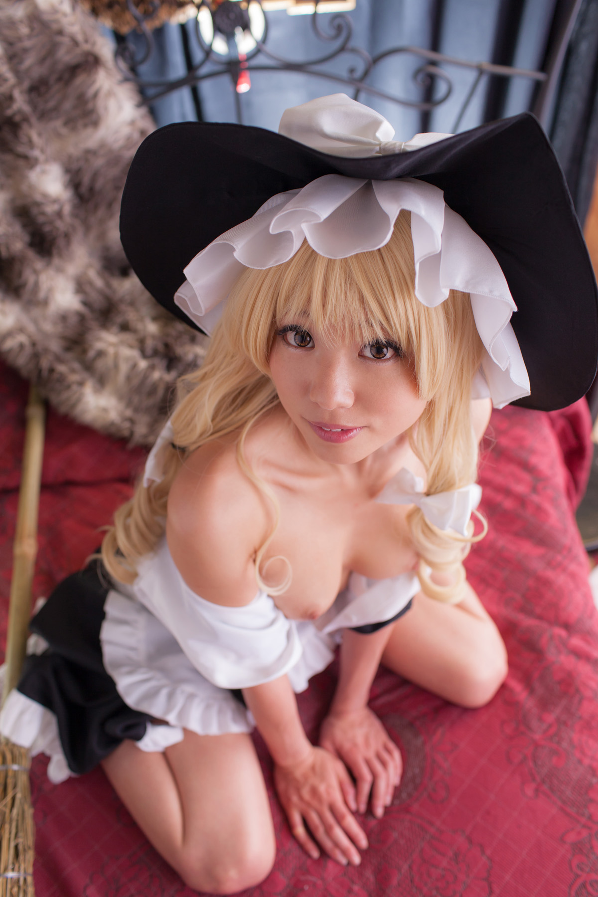 asian bed blonde_hair breasts cosplay dress erect_nipples female hat long_hair nipples shoes socks solo