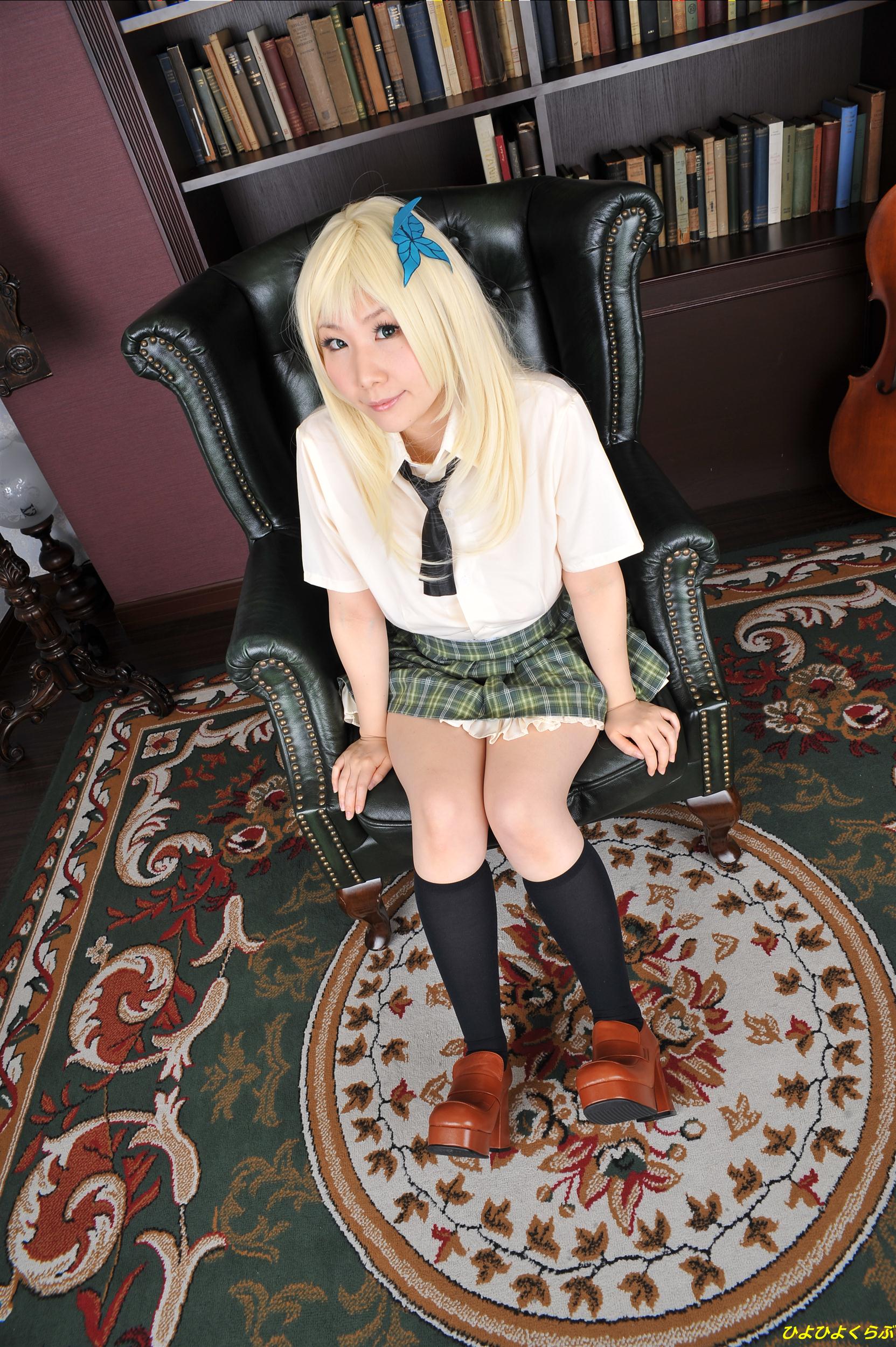 asian blonde_hair breasts cosplay female high_heels long_hair necktie shoes socks solo