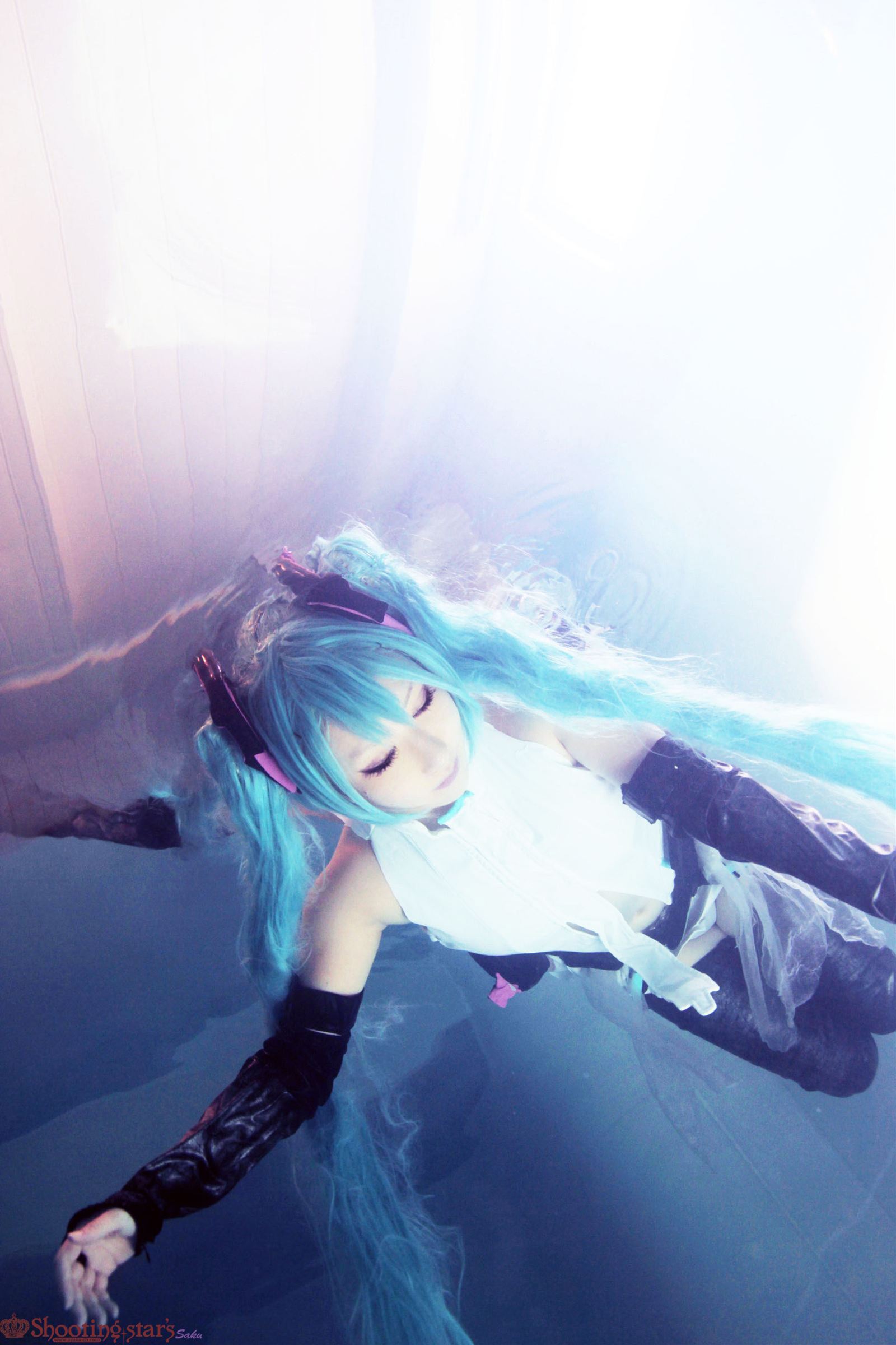 aqua_hair asian breasts cosplay elbow_gloves female gloves long_hair pigtails shooting_star solo watermark