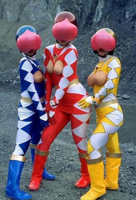3girls asian big_breasts breasts bug_helmet cosplay costume exposed_breasts female female_focus female_only hot photo ripped_clothes super_sentai what