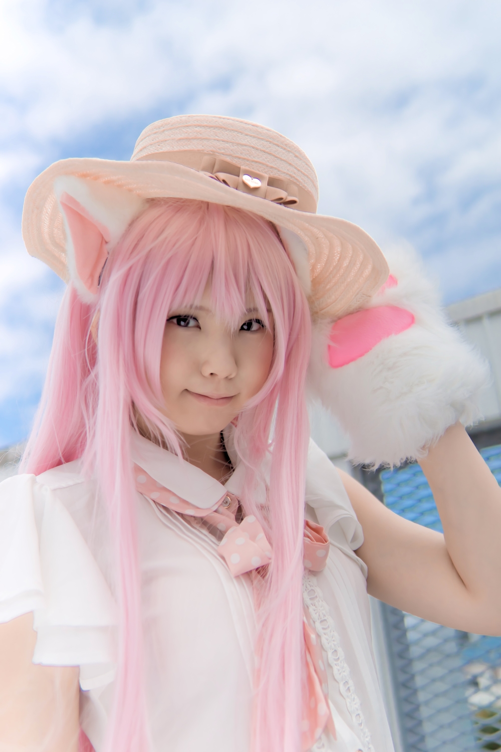 animal_ears asian breasts cosplay enako female long_hair pink_hair solo