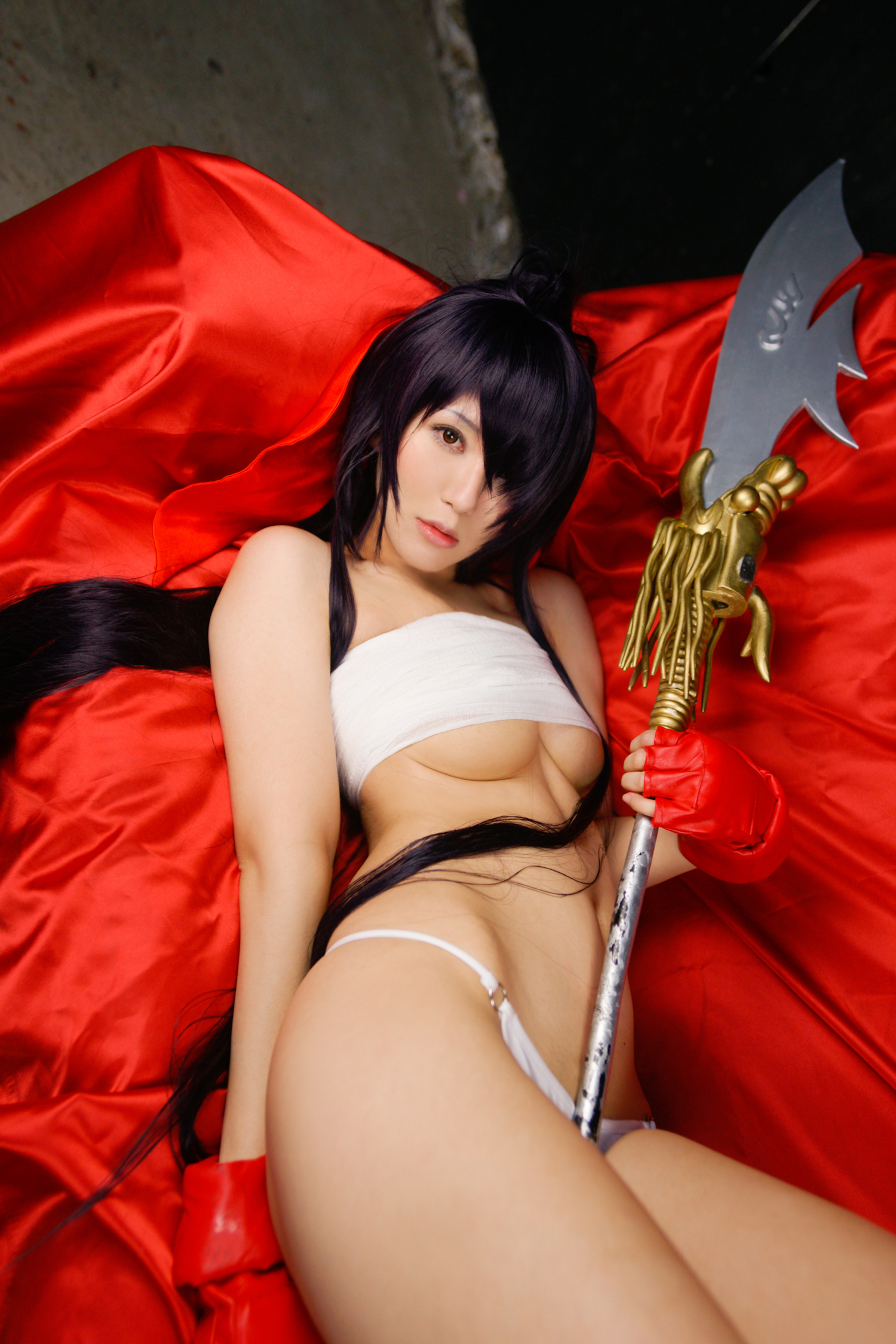 asian bare_shoulders black_hair breasts cosplay female large_breasts long_hair midriff navel solo spear underboob weapon