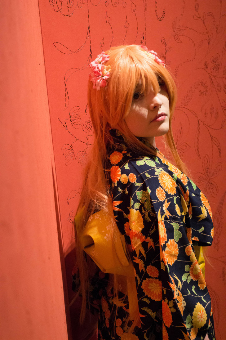 1girl asuna_(sao) breasts cosplay female foxycosplay kimono long_hair orange_hair solo sword_art_online tagme
