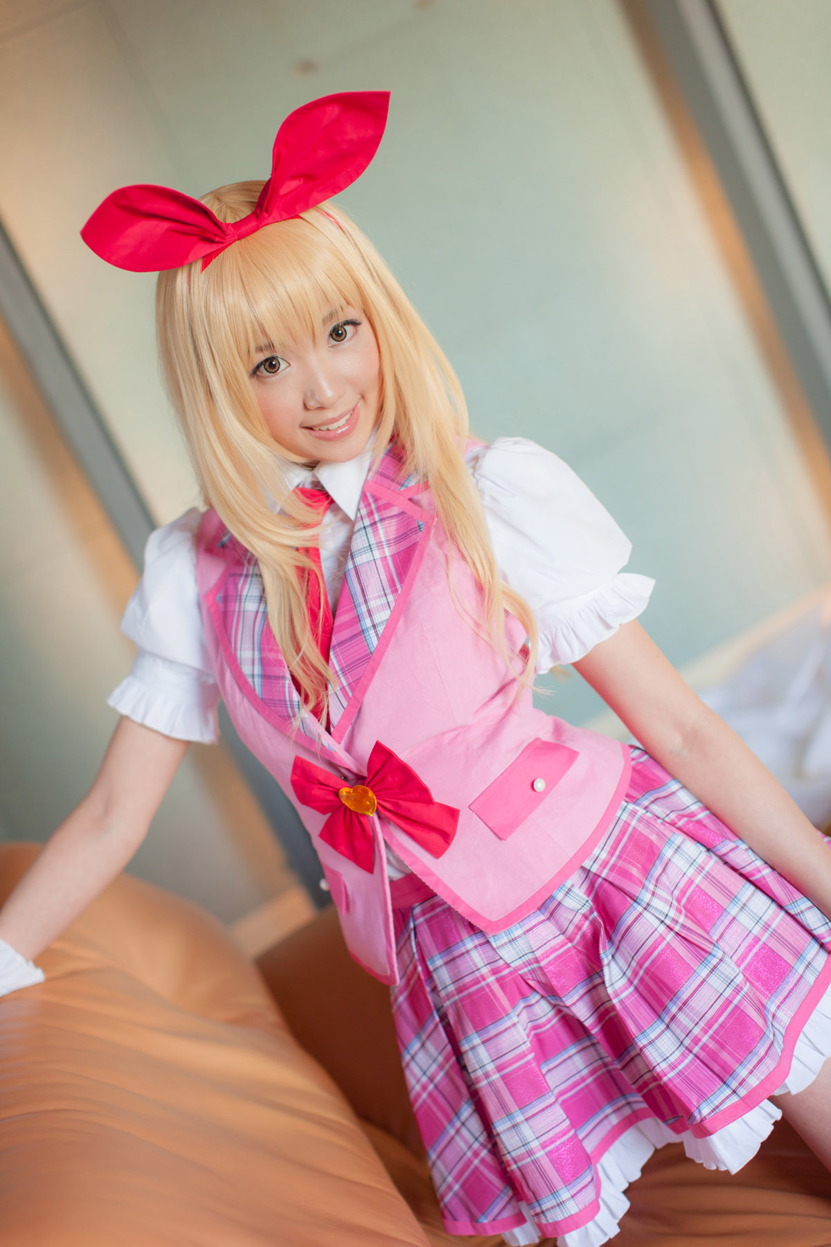 asian blonde_hair breasts cosplay female long_hair shoes skirt solo
