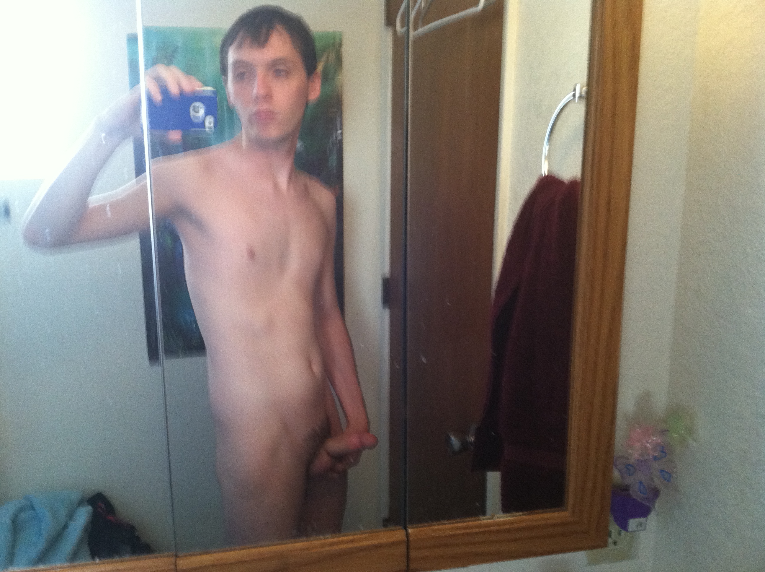 blue_eyes blurry boy brown_hair camwhore gay male mirror nude penis photo selfpic teen