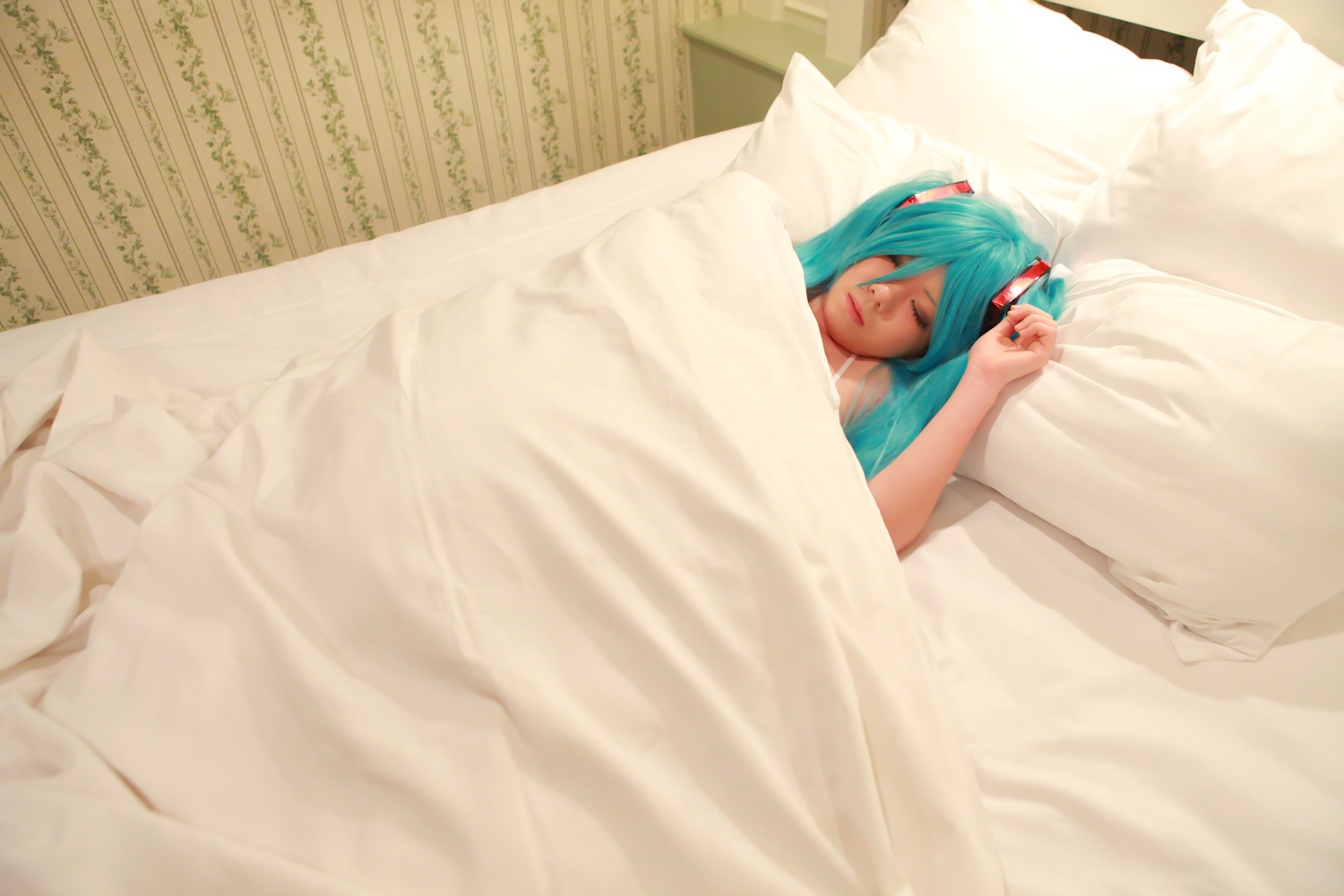 asian bed bikini blue_hair breasts cosplay female long_hair lying solo thighhighs