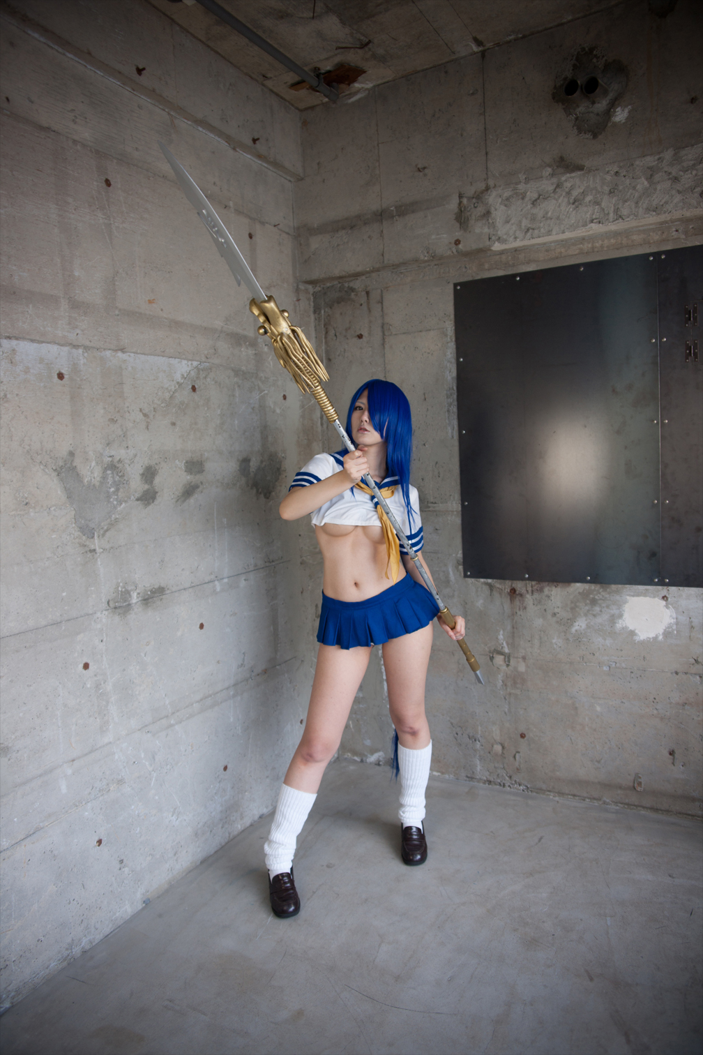 asian blue_hair breasts cosplay female long_hair midriff navel necktie polearm shoes skirt socks solo underboob weapon