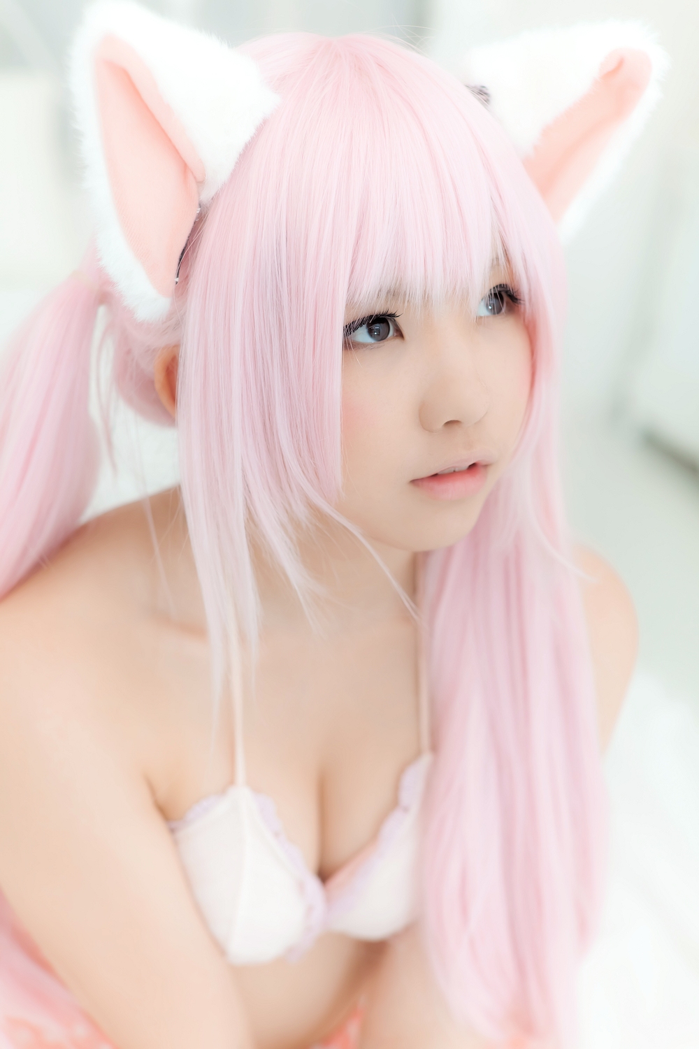 animal_ears asian breasts cosplay enako female long_hair pink_hair solo