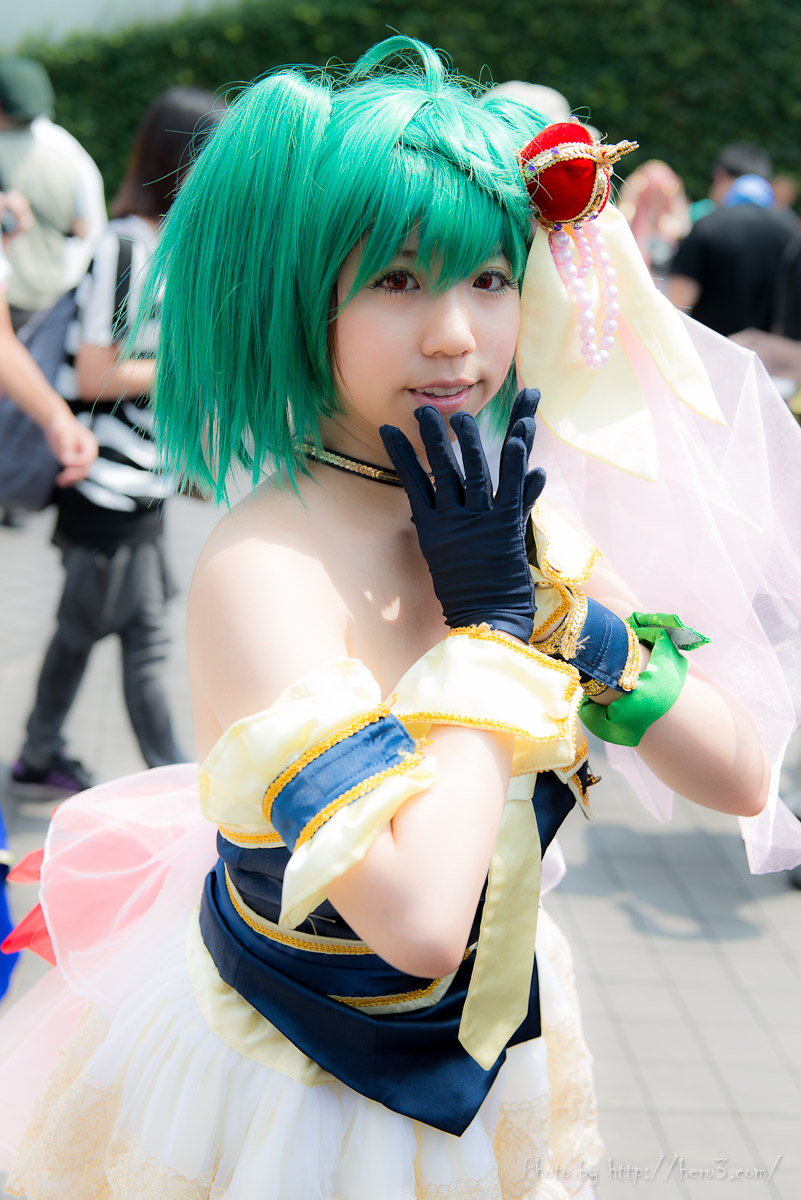 asian breasts cosplay female green_hair long_hair outside pigtails solo