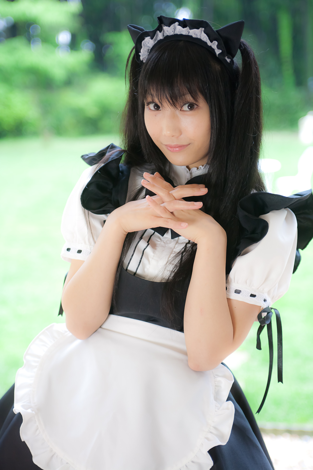asian black_hair female high_heels japanese lenfried long_hair maid maid_uniform meido shoes solo thighhighs twintails