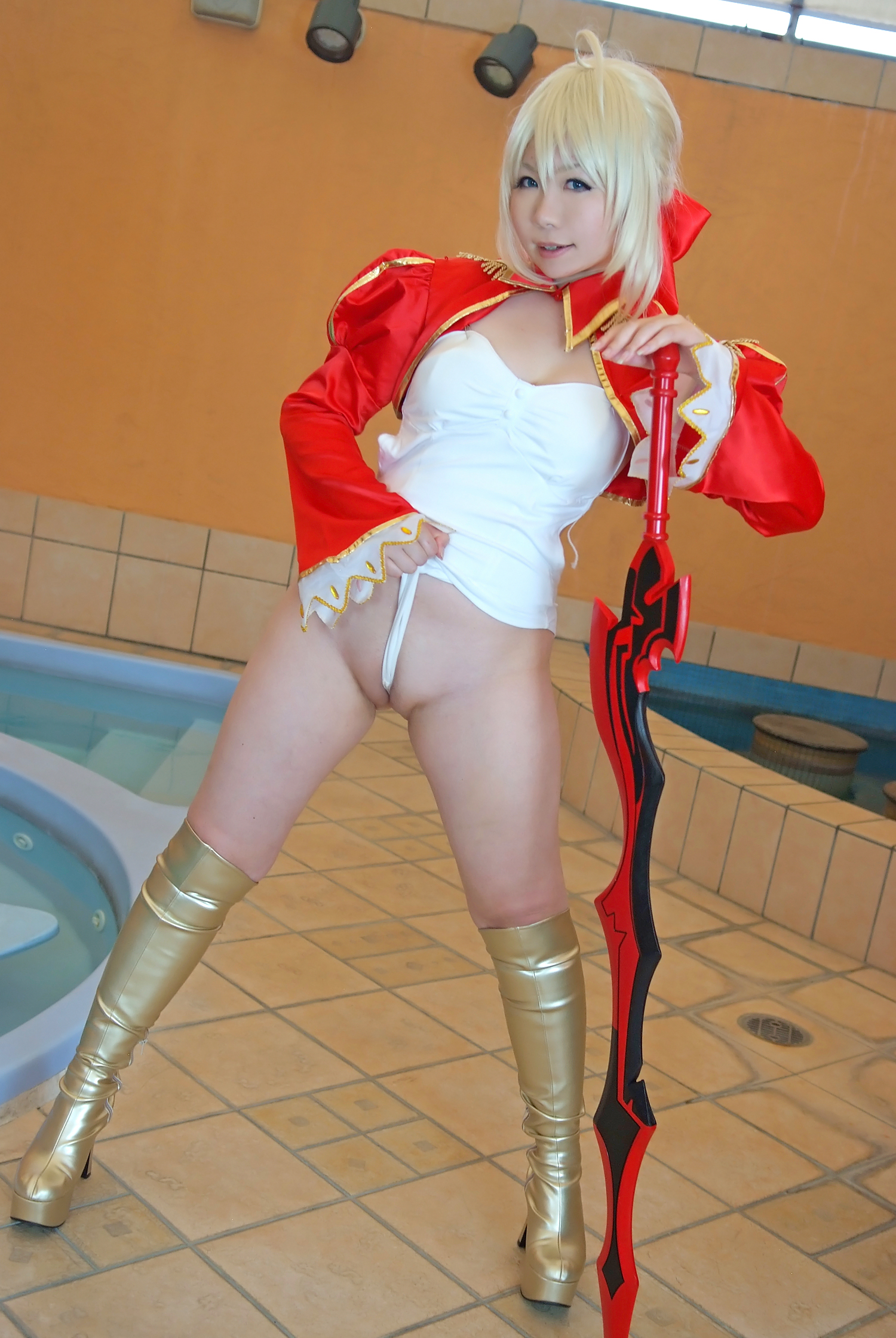 asian blonde_hair boots breasts cosplay dress female high_heels leotard long_hair pool solo sword
