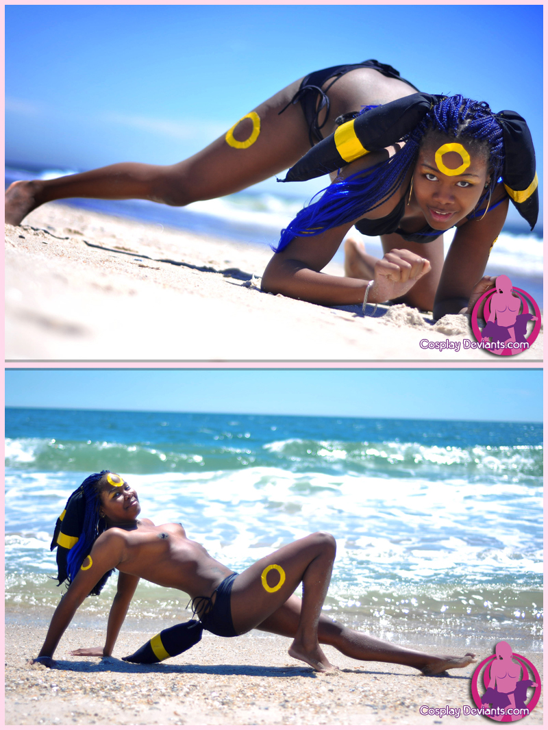 beach blue_hair brown_skin color cosplay cosplaydeviants female female_only nintendo outdoors pokemon solo umbreon