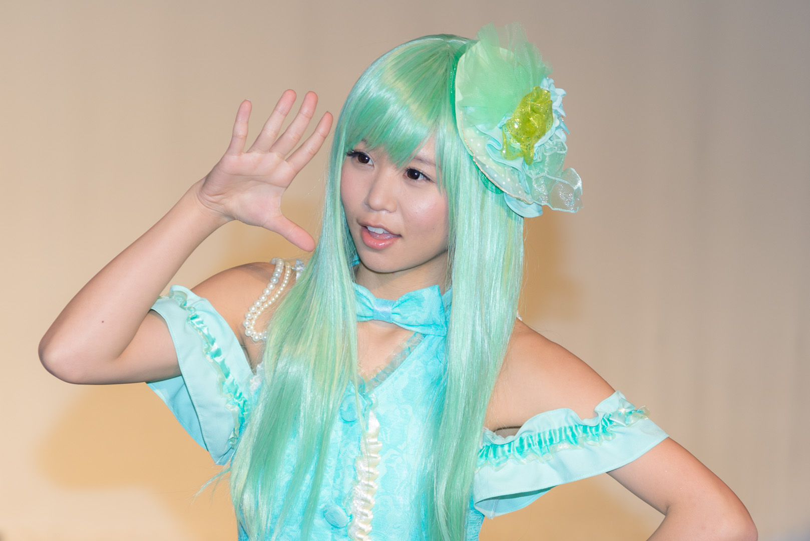 asian breasts dress female green_hair long_hair maid multiple_girls thighhighs