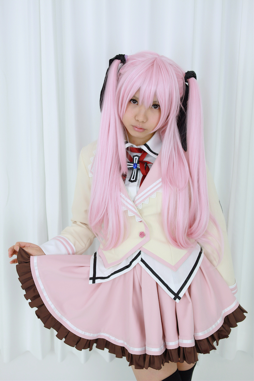 asian breasts cosplay enako female long_hair pigtails pink_hair skirt solo
