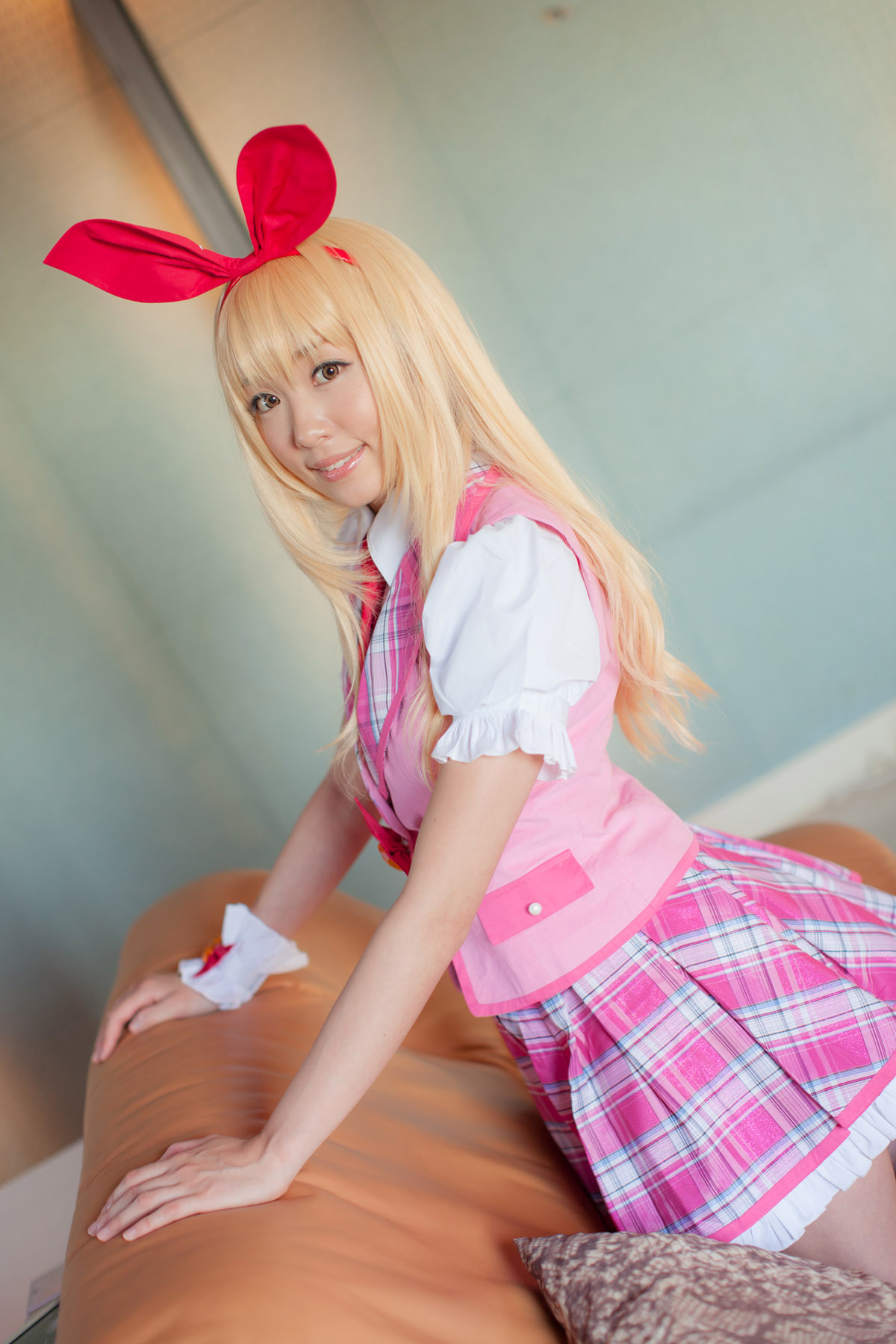 asian blonde_hair breasts cosplay female long_hair shoes skirt solo