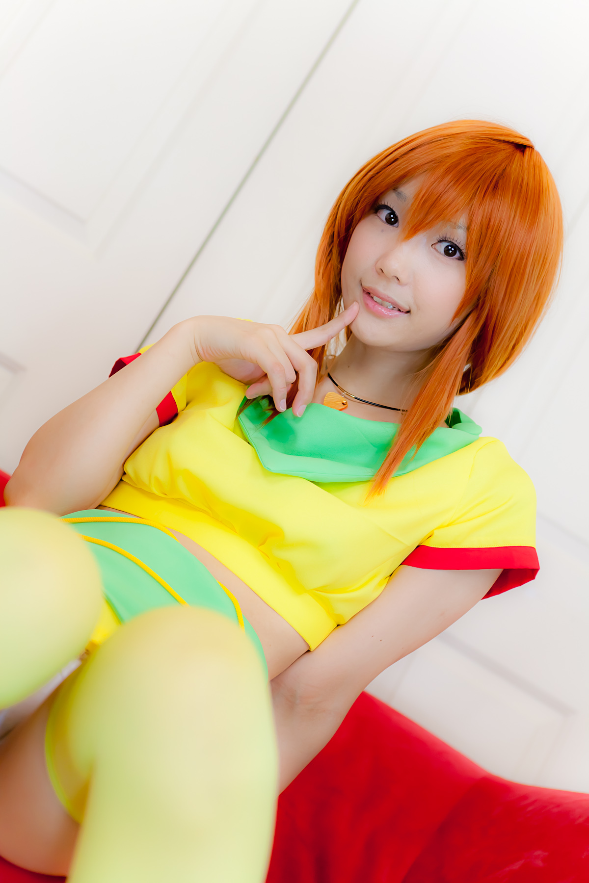 asian breasts cosplay female garter_belt long_hair midriff necklace orange_hair panties skirt solo thighhighs