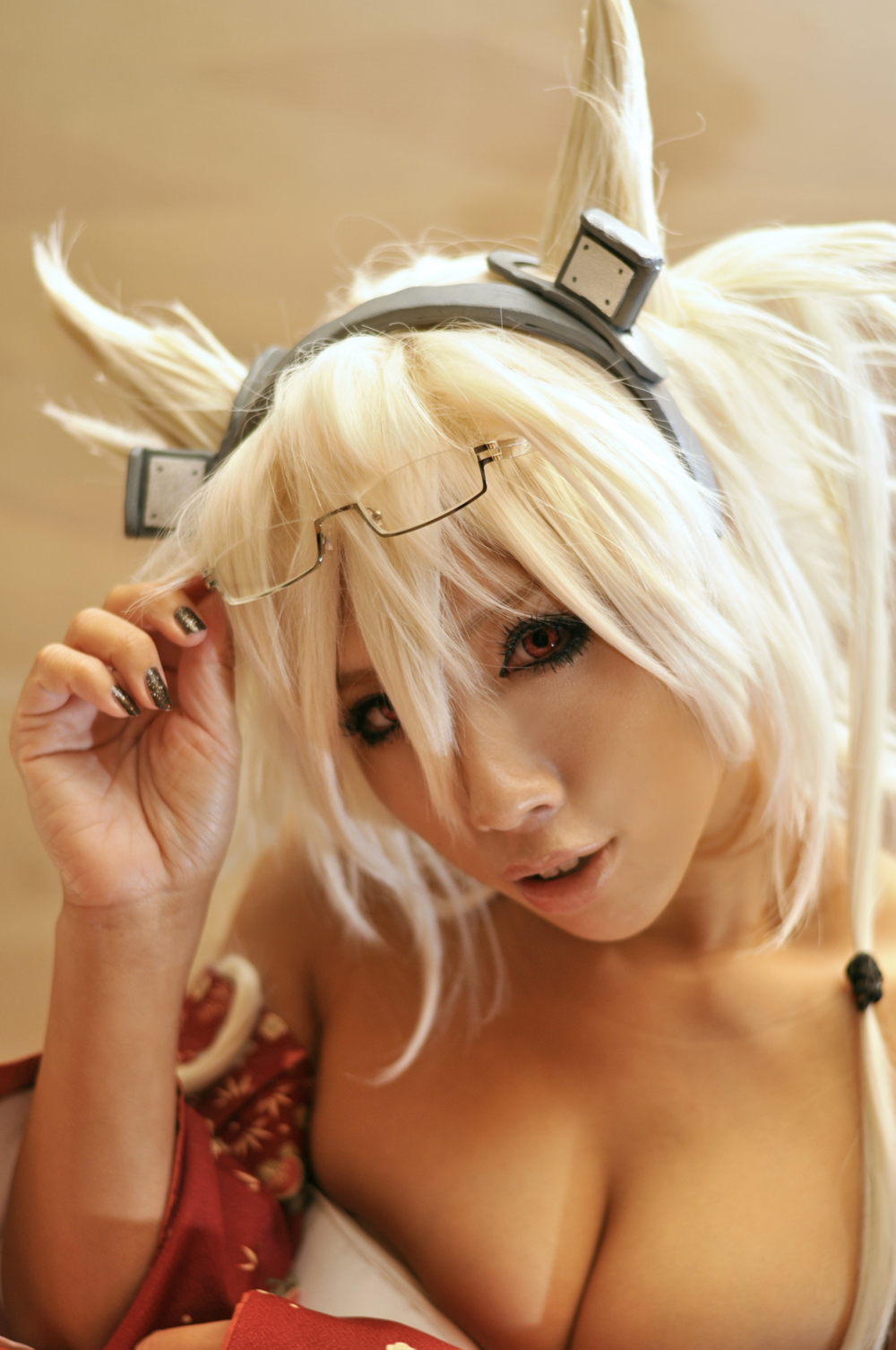 asian breasts cosplay female glasses headband large_breasts long_hair nonsummerjack solo white_hair