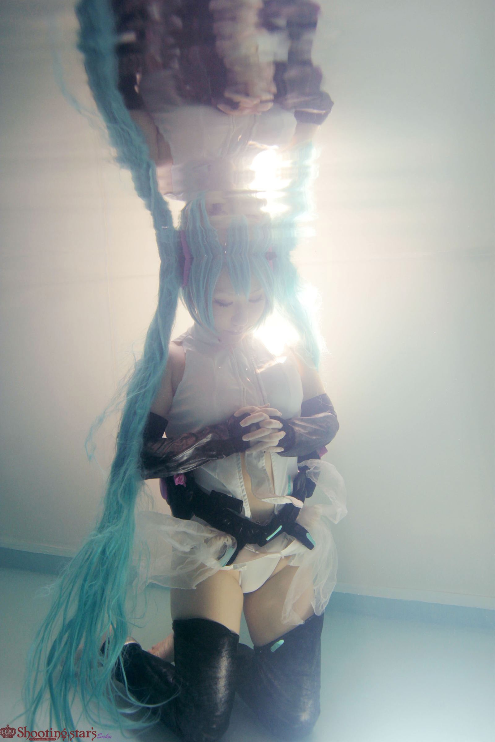 aqua_hair asian breasts cosplay elbow_gloves female gloves long_hair pigtails shooting_star solo watermark