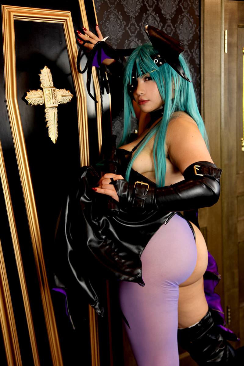1girl aqua_hair ass bare_shoulders breasts capcom chouzuki_maryou cosplay darkstalkers fake_nails female female_only from_behind huge_breasts long_hair looking_at_viewer looking_back morrigan_aensland non-nude partially_clothed plump sideboob solo succubus watermark wings