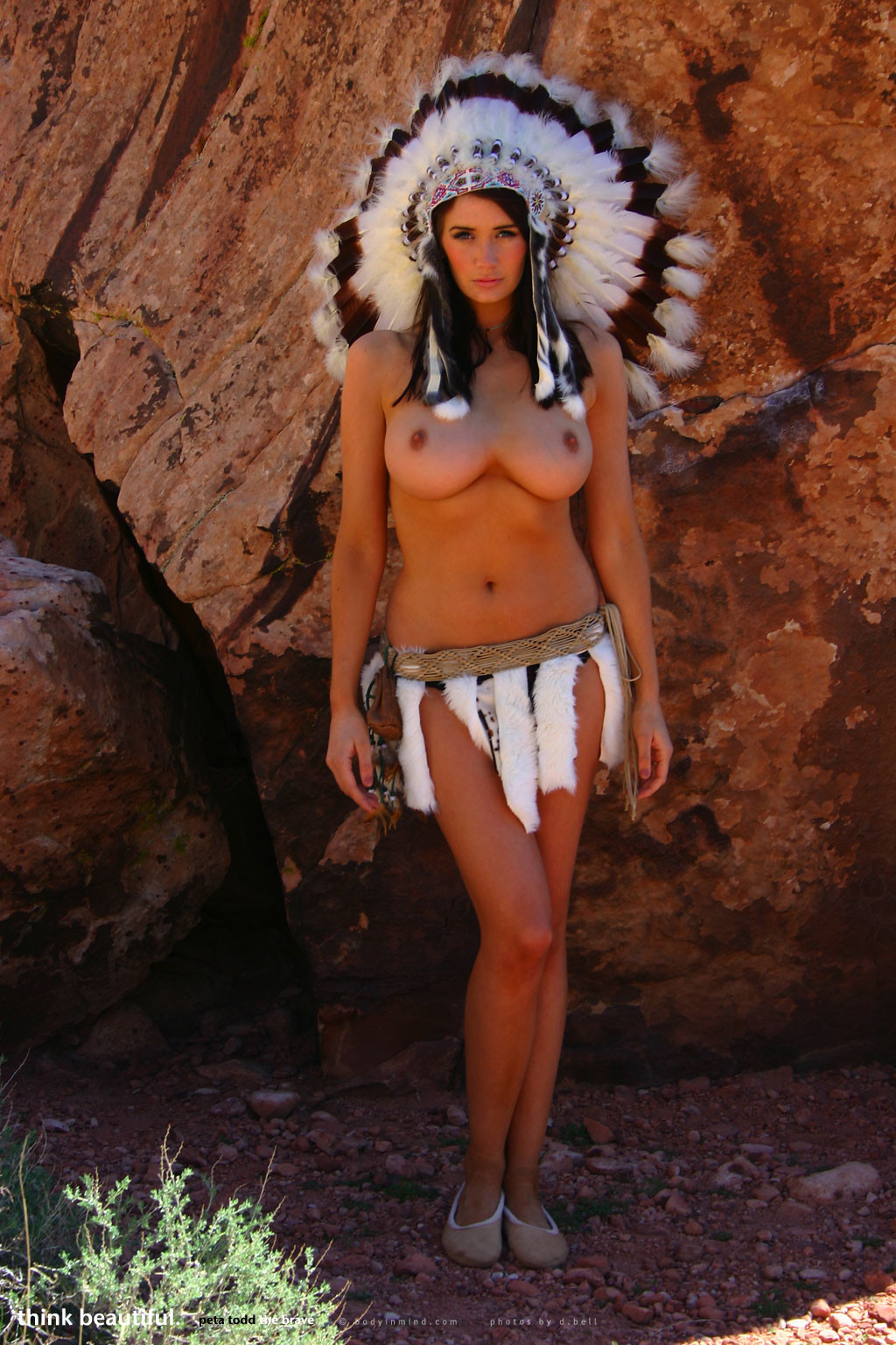body_in_mind breasts cosplay headdress outside peta_todd slippers standing topless