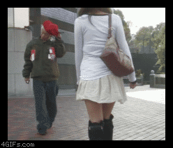 animated asian bag boots breasts brown_hair censored gif long_hair outside panties skirt