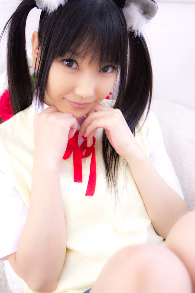 1girl asian black_hair breasts cosplay female japanese k-on! lenfried long_hair nakano_azusa pigtails solo watermark