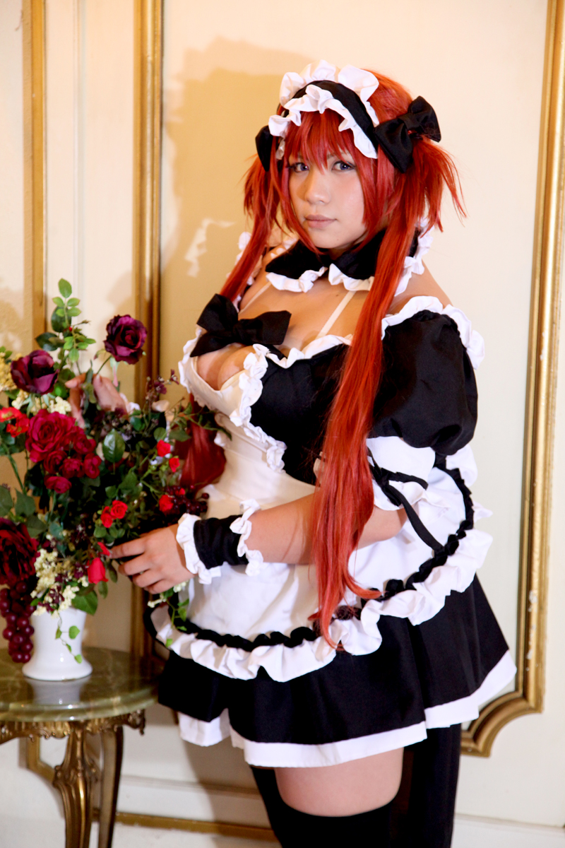 asian breasts chouzuki_maryou dress female huge_breasts long_hair maid plump red_hair shoes socks solo watermark