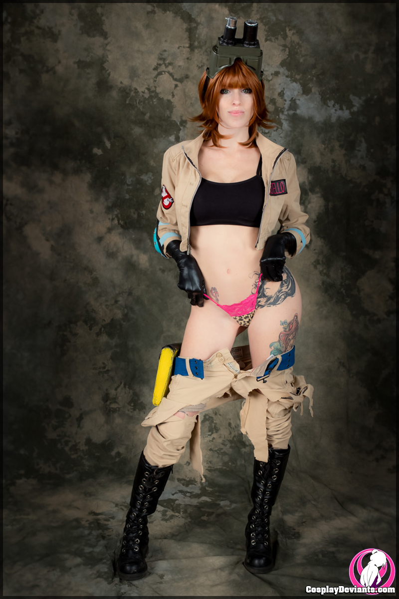 breasts brown_hair cosplay female gloves lolita_zombie long_hair navel solo tattoo watermark