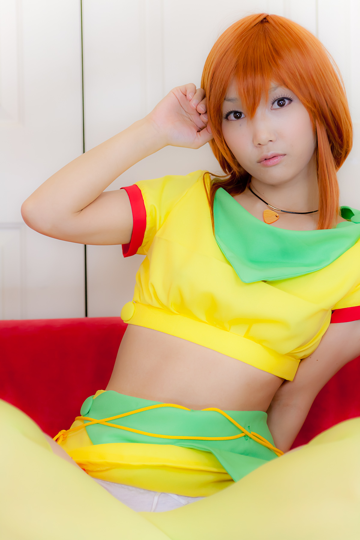 asian breasts cosplay female garter_belt long_hair midriff necklace orange_hair panties skirt solo thighhighs