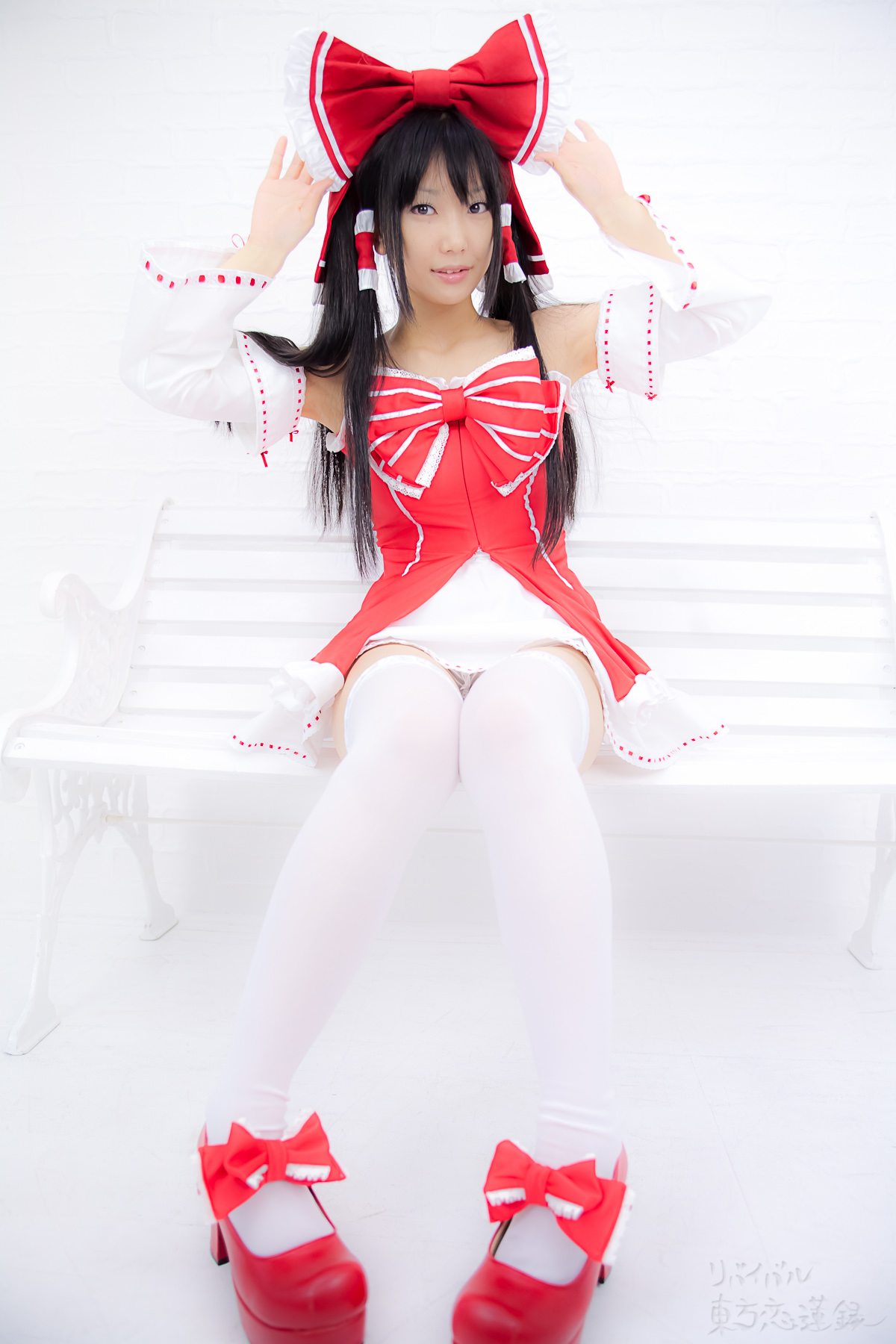 asian black_hair breasts cosplay dress female long_hair shoes solo thighhighs