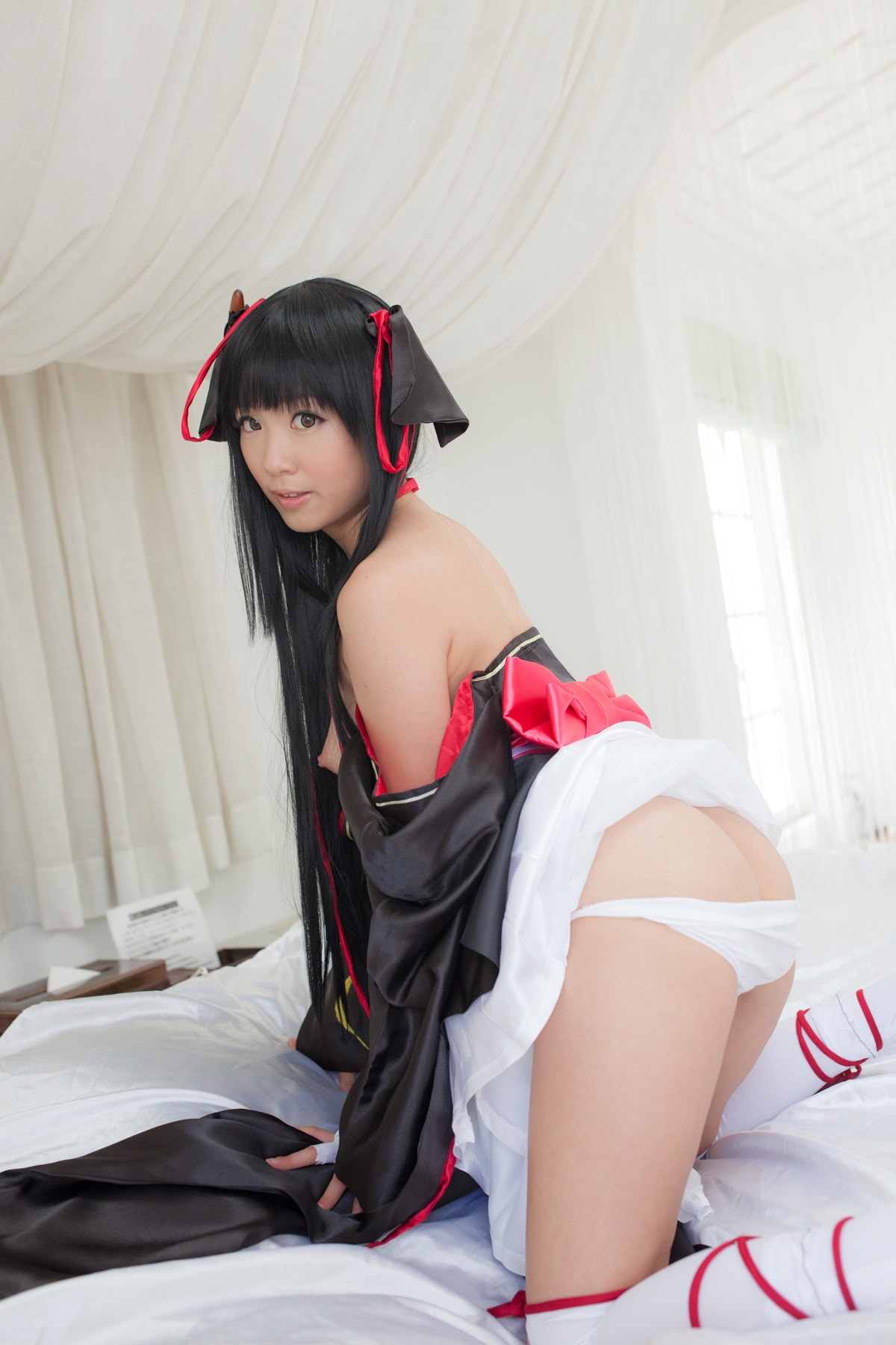 asian bare_shoulders black_hair breasts cosplay dress female long_hair shoes socks solo