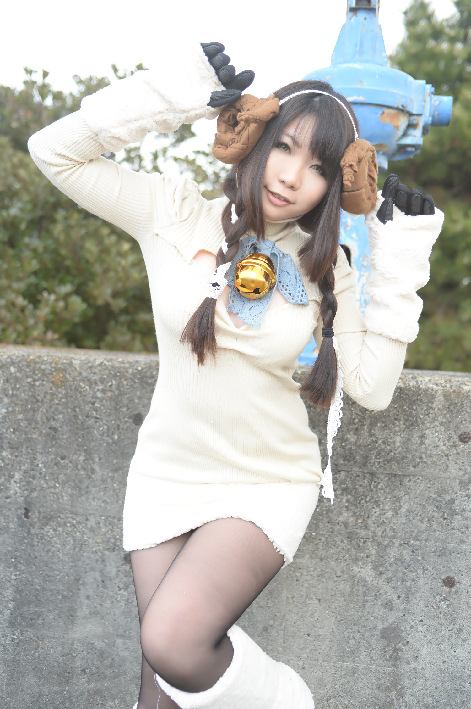 asian breasts brown_hair cosplay female horns long_hair shoes solo