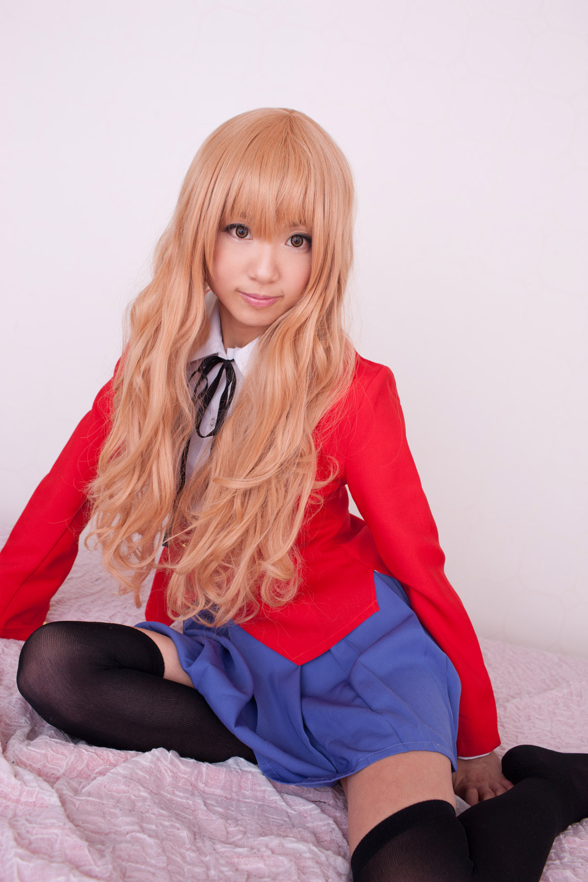 asian blonde_hair breasts cosplay female high_heels long_hair shoes skirt socks solo