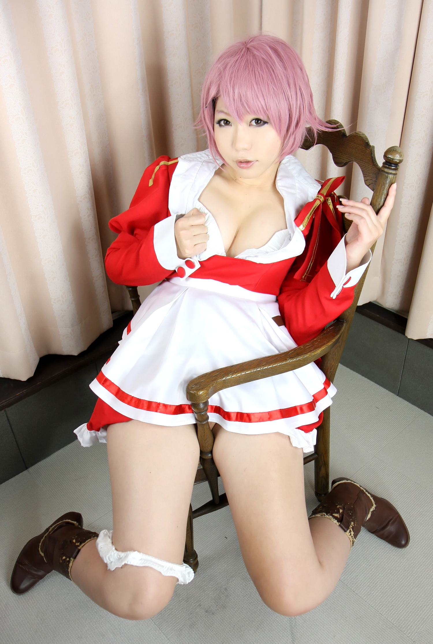 asian boots breasts cosplay dress female high_heels pink_hair short_hair solo