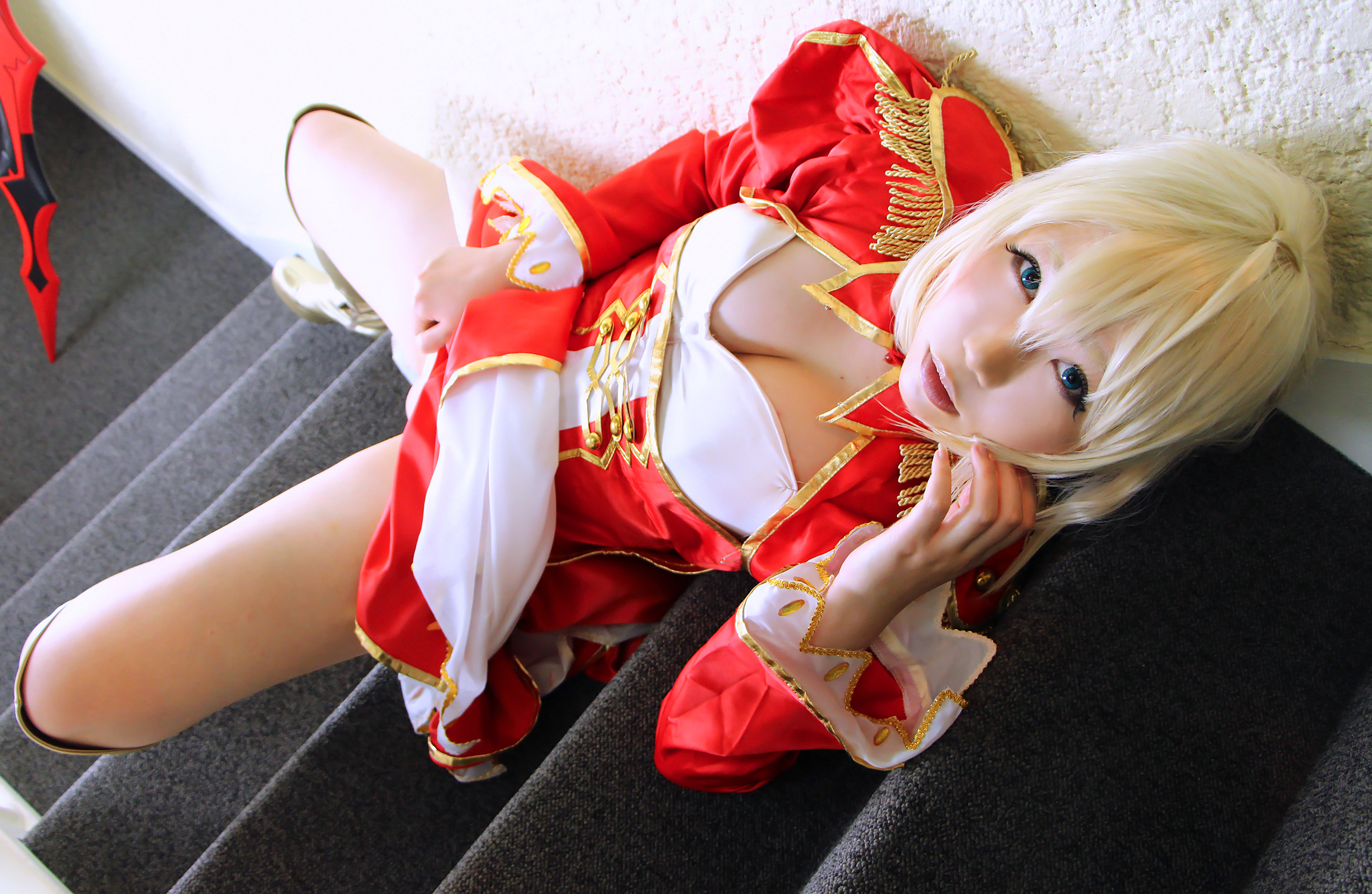 asian blonde_hair boots breasts cosplay dress female high_heels long_hair panties solo