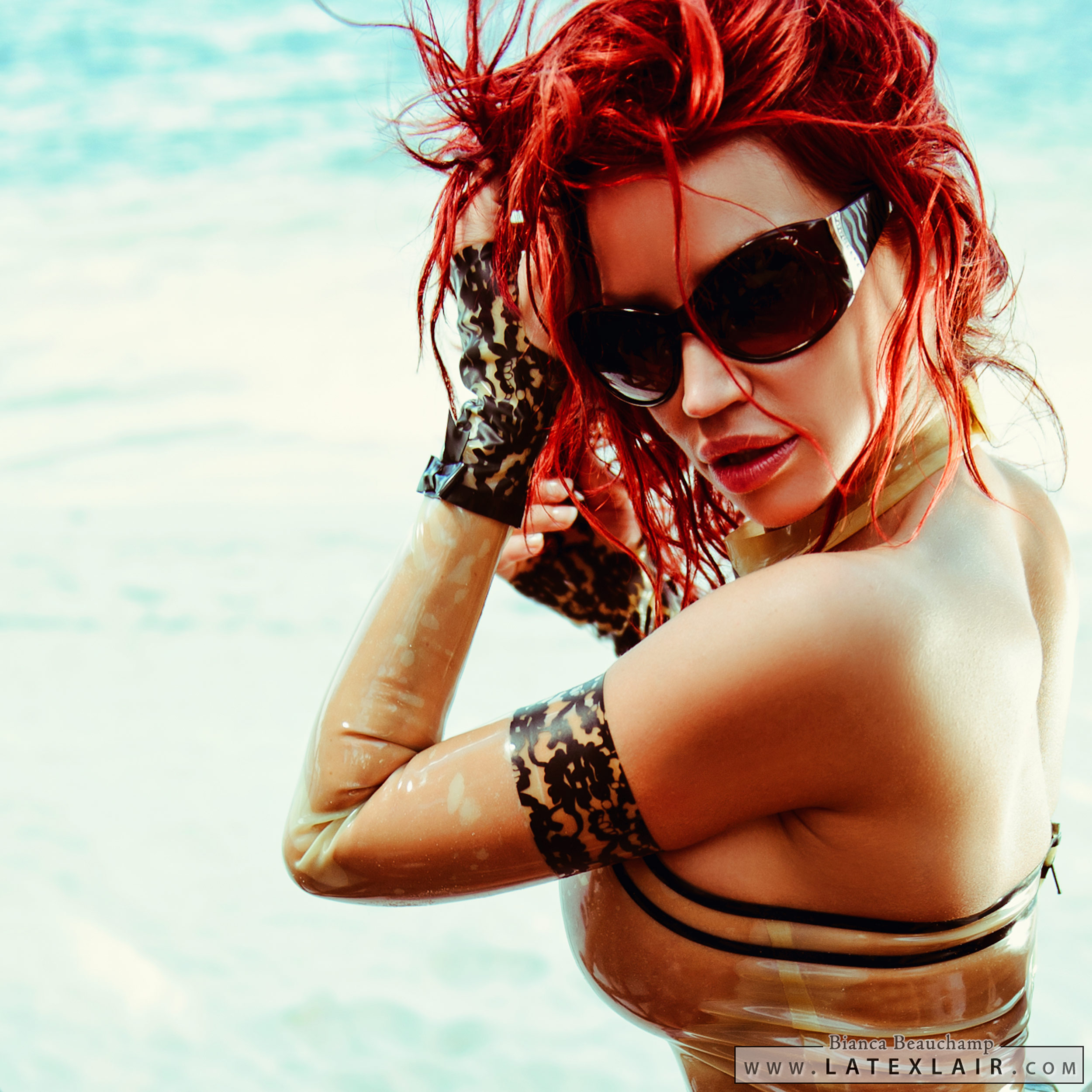 bianca_beauchamp breasts elbow_gloves erect_nipples female gloves high_heels large_breasts latex long_hair nipples outside red_hair sand see-through shoes solo stairs watermark