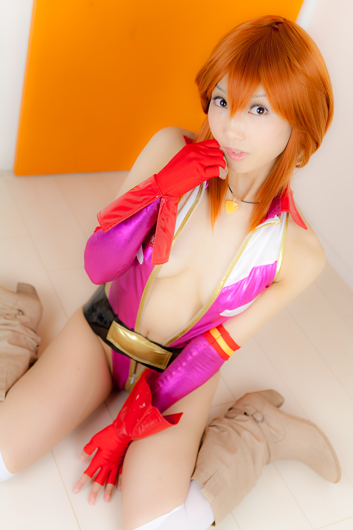 asian belt boots breasts cleavage cosplay female gloves long_hair orange_hair socks solo