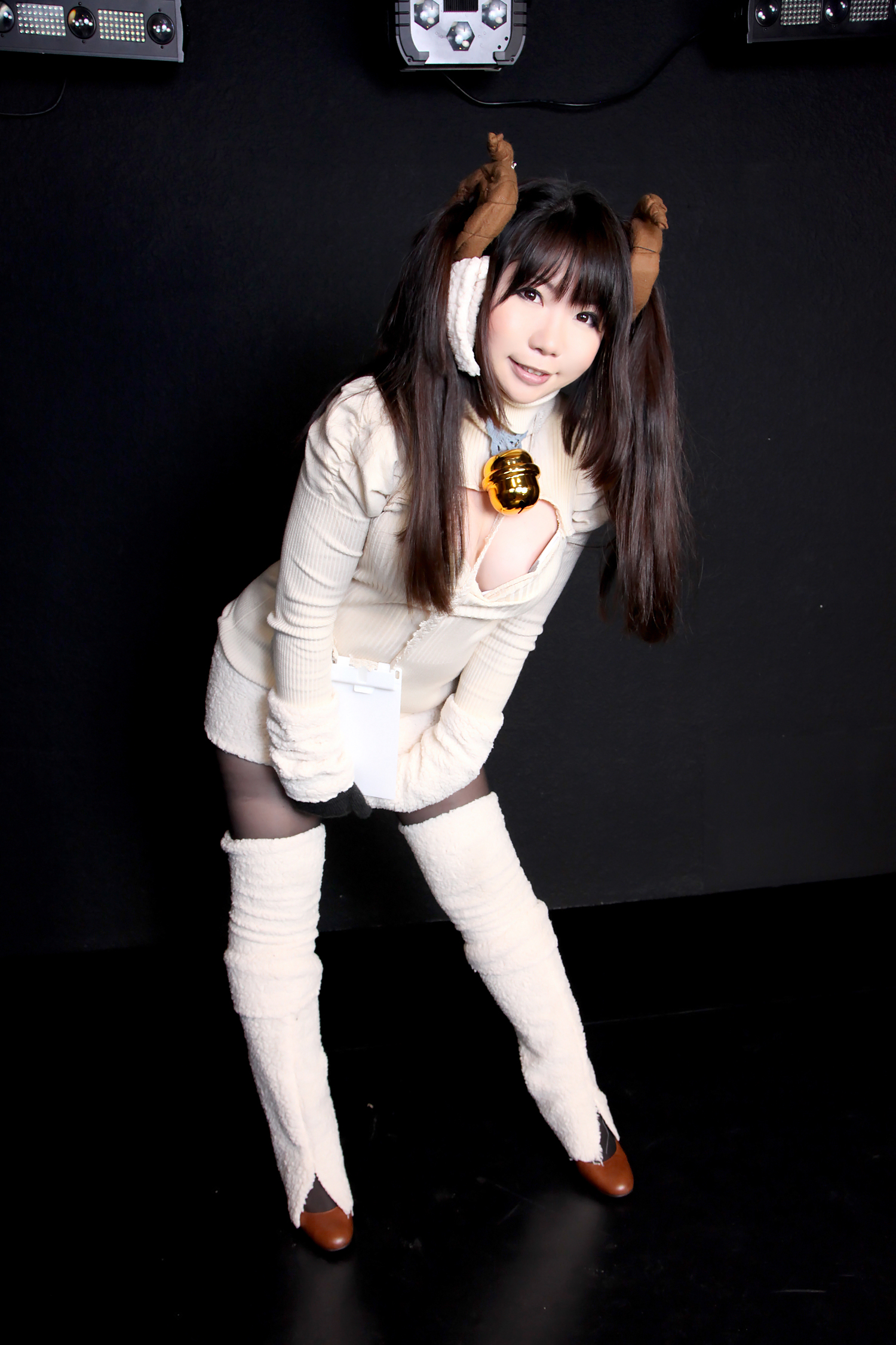 asian breasts brown_hair cosplay female horns long_hair shoes solo