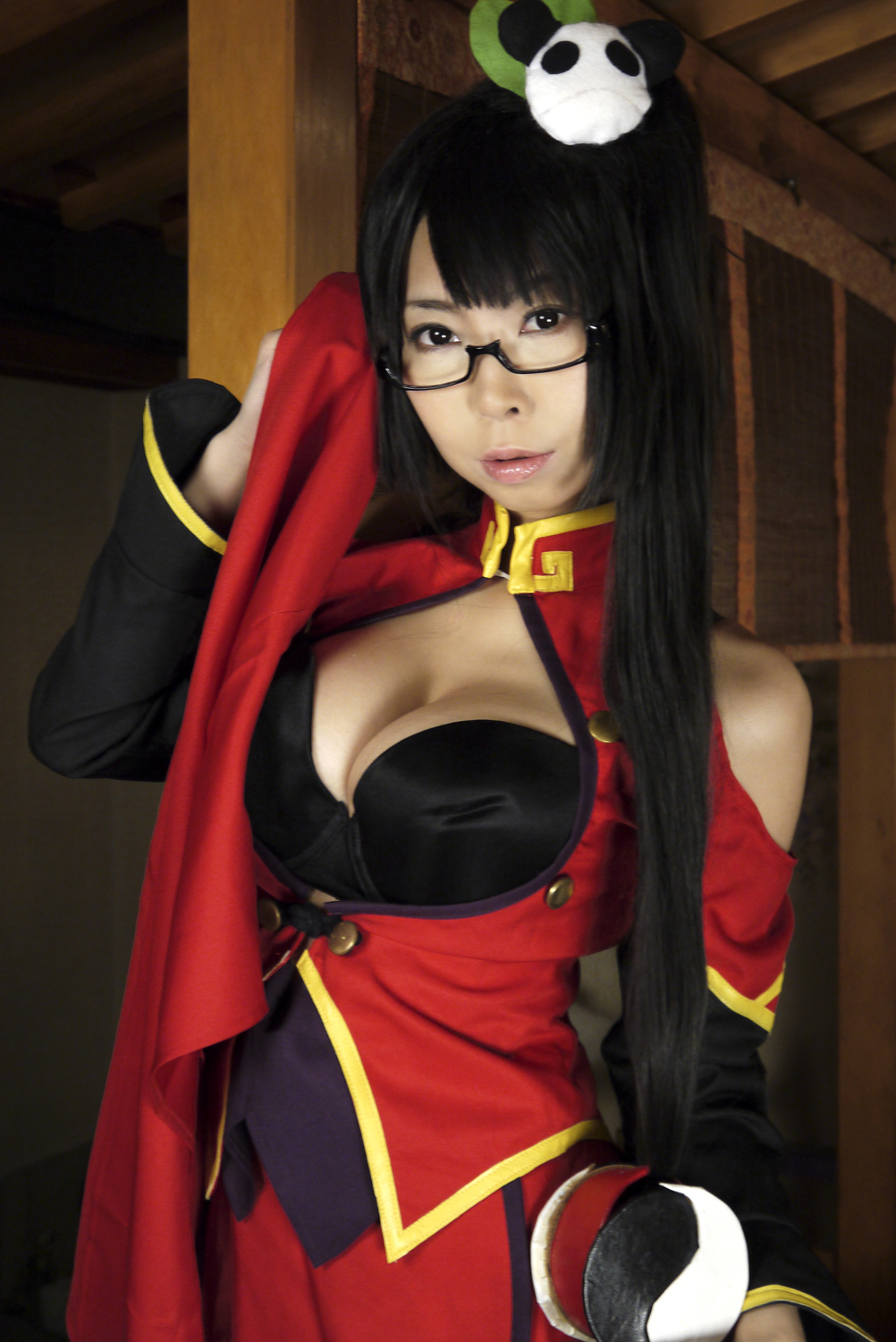 ashiya_noriko asian black_hair breasts cleavage female glasses high_heels large_breasts long_hair ponytail shoes solo