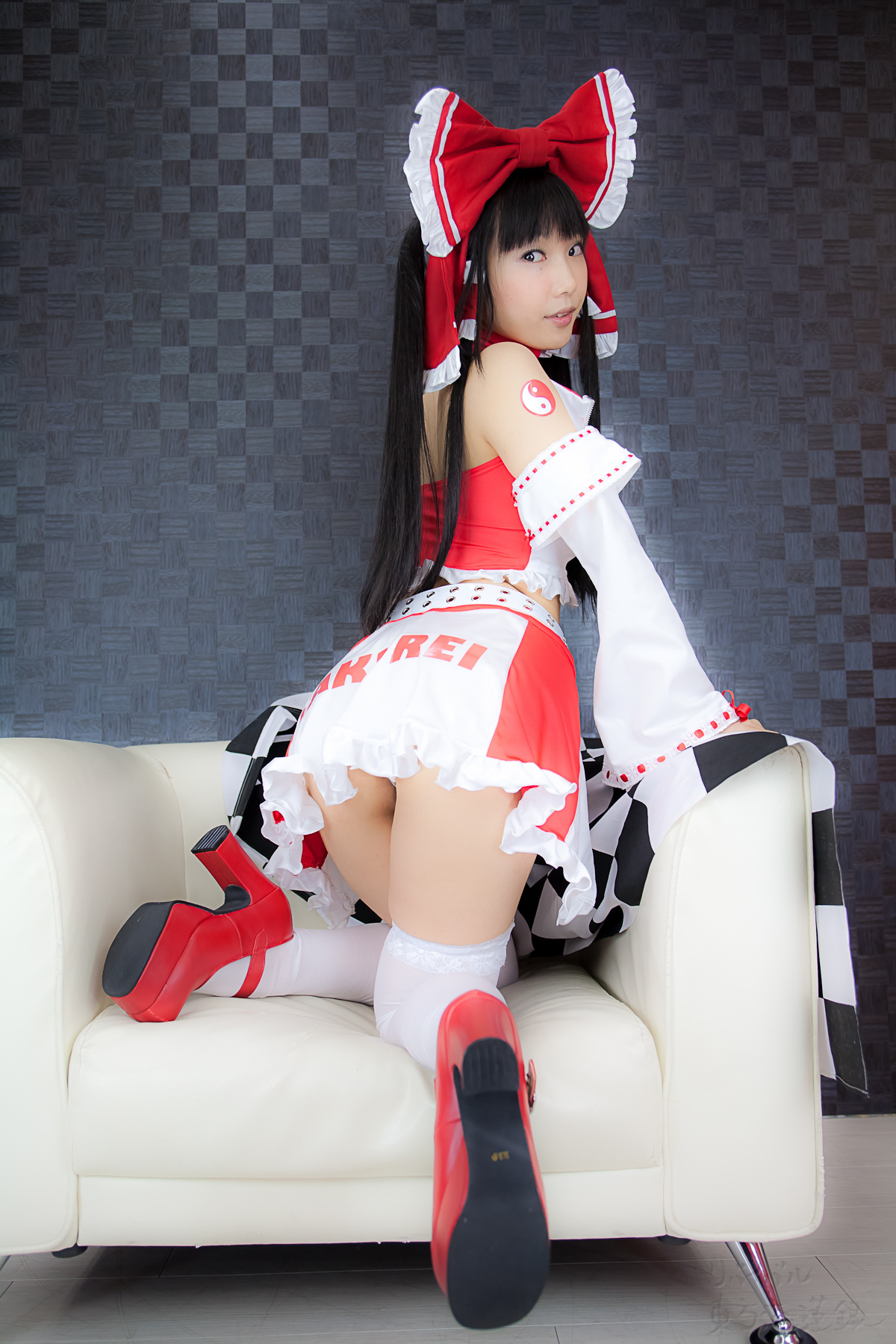 asian belt black_hair breasts cosplay female high_heels long_hair midriff shoes solo thighhighs