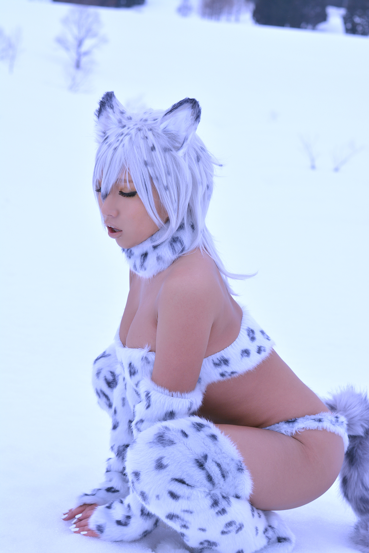 animal_ears asian boots bra breasts female gloves large_breasts long_hair midriff navel nonsummerjack outside panties purple_hair snow solo