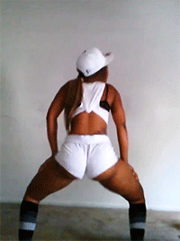 1girl animated ass ass_jiggle clothed dark_hair dark_skin dat_ass from_behind hat kneehighs midriff non-nude ponytail shaking shorts solo twerking