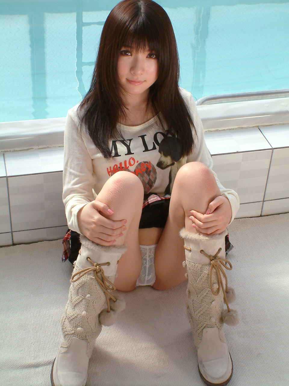 asian boots breasts brown_hair female high_heels long_hair panties pool rui_saotome shirt skirt solo water